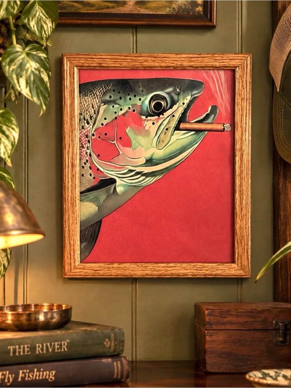 Trout Fish Smoking a Cigarette Vintage Style Canvas Wall Art Print Wood Framed